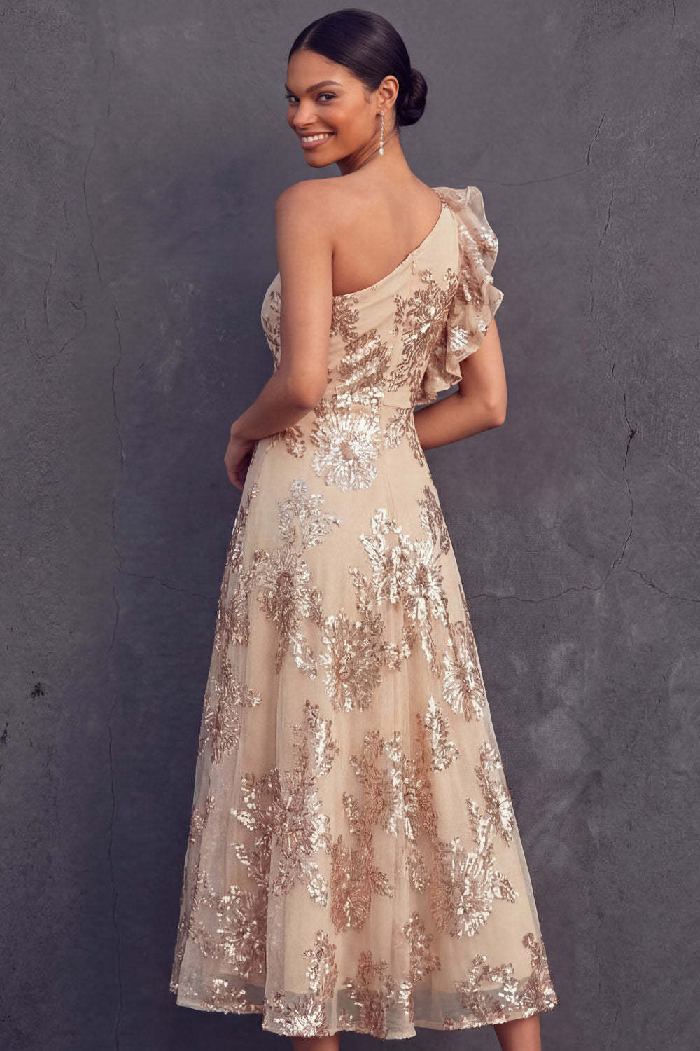 Black Floral A Line One Shoulder Midi Weeding Guest Dress