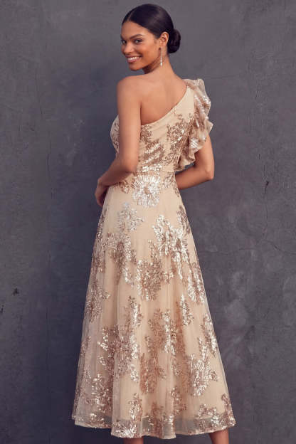Black Floral A Line One Shoulder Midi Weeding Guest Dress