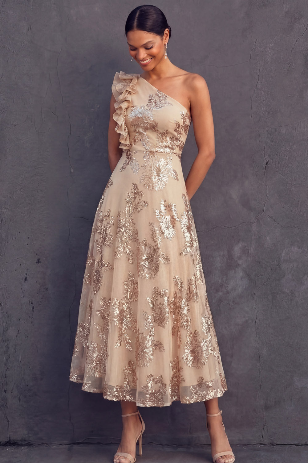 Black Floral A Line One Shoulder Midi Weeding Guest Dress