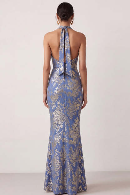 Peacock Green Mermaid Cowl Neck Maxi Wedding Guest Dress with Slit