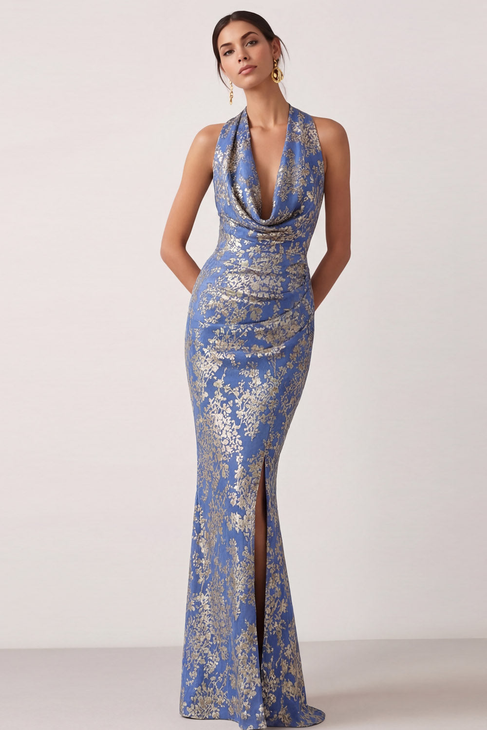 Peacock Green Mermaid Cowl Neck Maxi Wedding Guest Dress with Slit