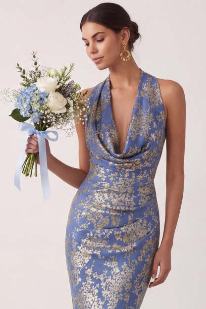 Peacock Green Mermaid Cowl Neck Maxi Wedding Guest Dress with Slit