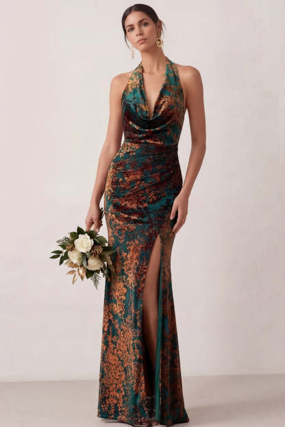 Peacock Green Mermaid Cowl Neck Maxi Wedding Guest Dress with Slit
