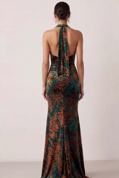 Peacock Green Mermaid Cowl Neck Maxi Wedding Guest Dress with Slit