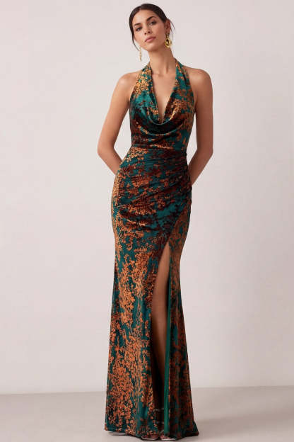 Peacock Green Mermaid Cowl Neck Maxi Wedding Guest Dress with Slit