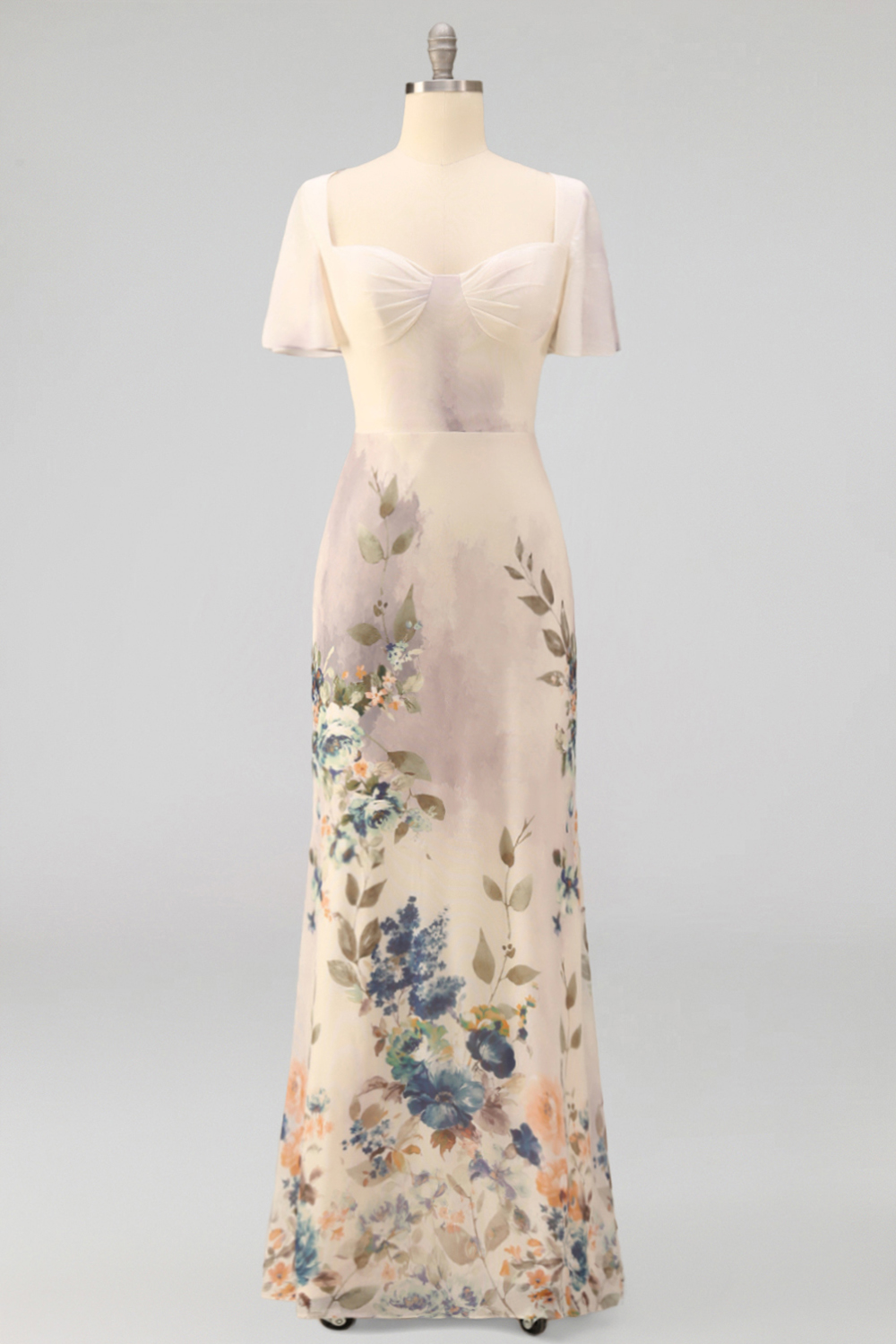 Floral Champagne Flutter Sleeves Mermaid Maxi Wedding Guest Dress