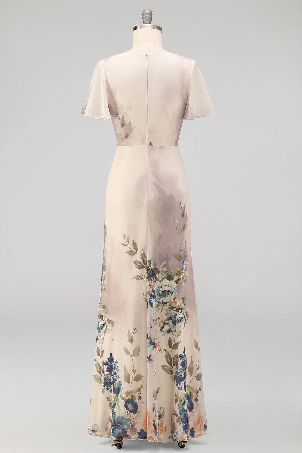 Floral Champagne Flutter Sleeves Mermaid Maxi Wedding Guest Dress