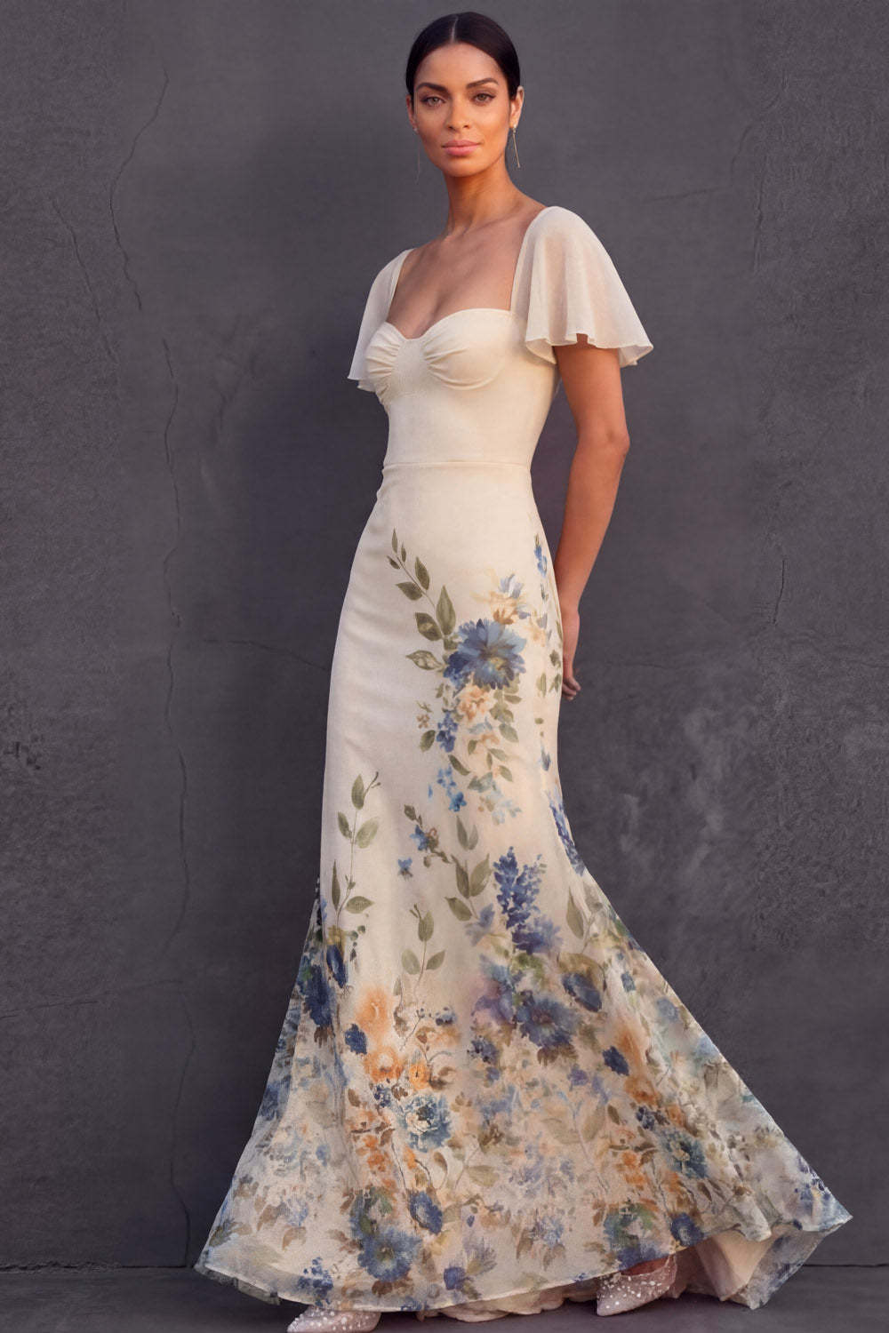 Floral Champagne Flutter Sleeves Mermaid Maxi Wedding Guest Dress