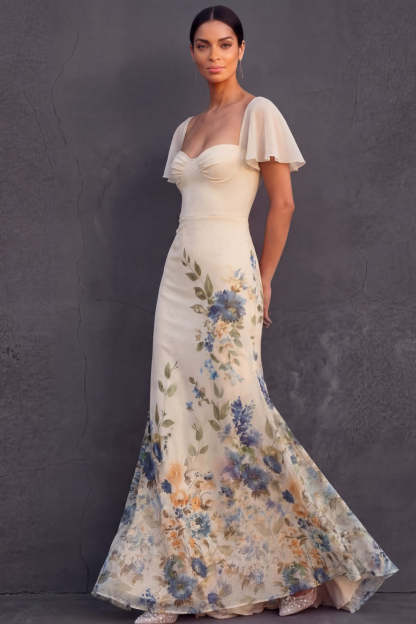 Floral Champagne Flutter Sleeves Mermaid Maxi Wedding Guest Dress