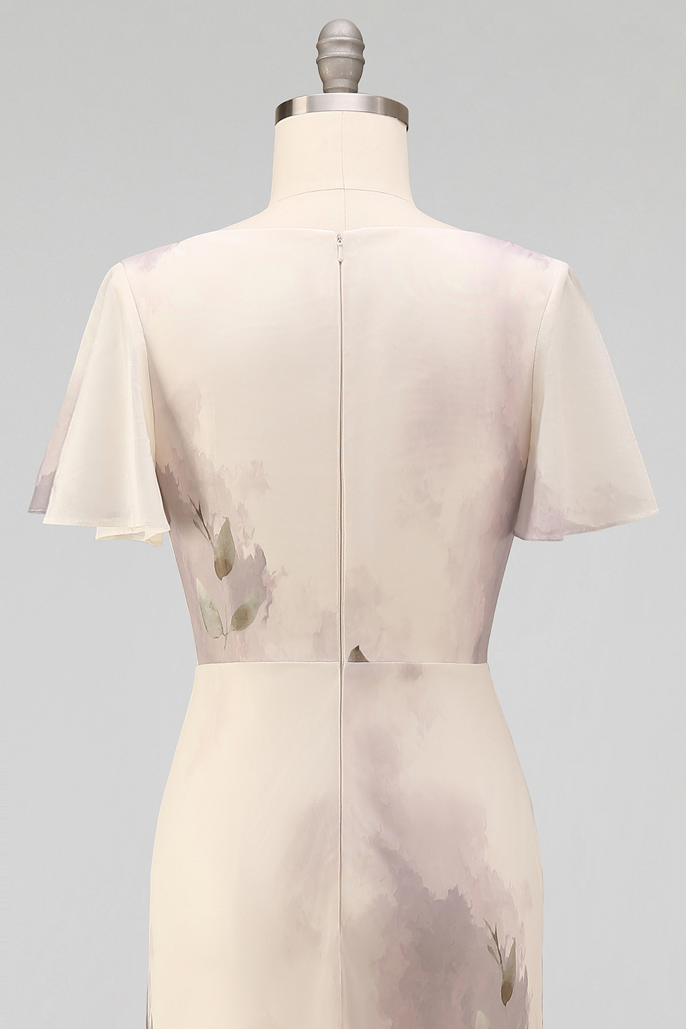 Floral Champagne Flutter Sleeves Mermaid Maxi Wedding Guest Dress