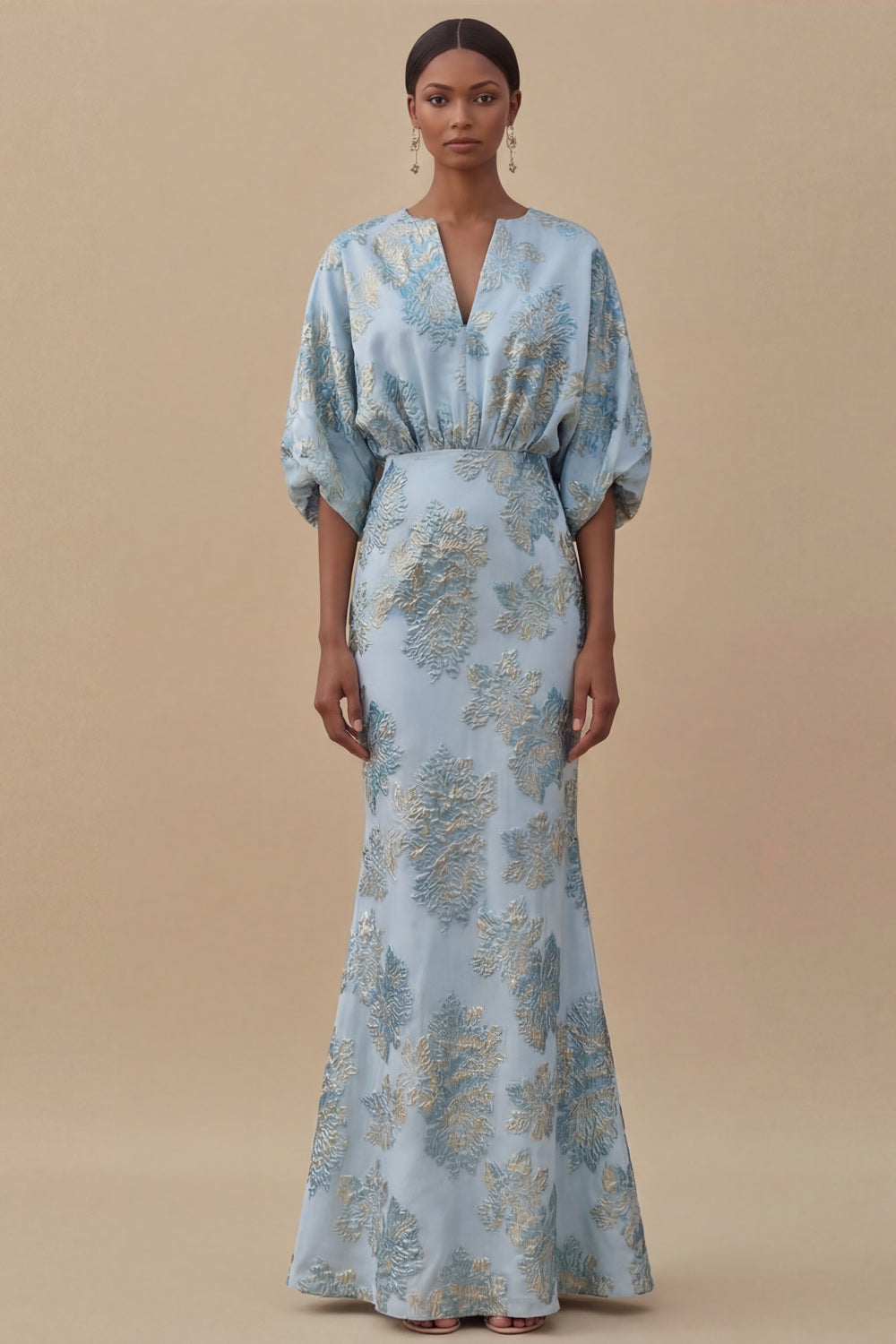 Leely Women Floral Jacquard Light Blue Mermaid Maxi Wedding Guest Dress Half Sleeves V-Neck Evening Dress