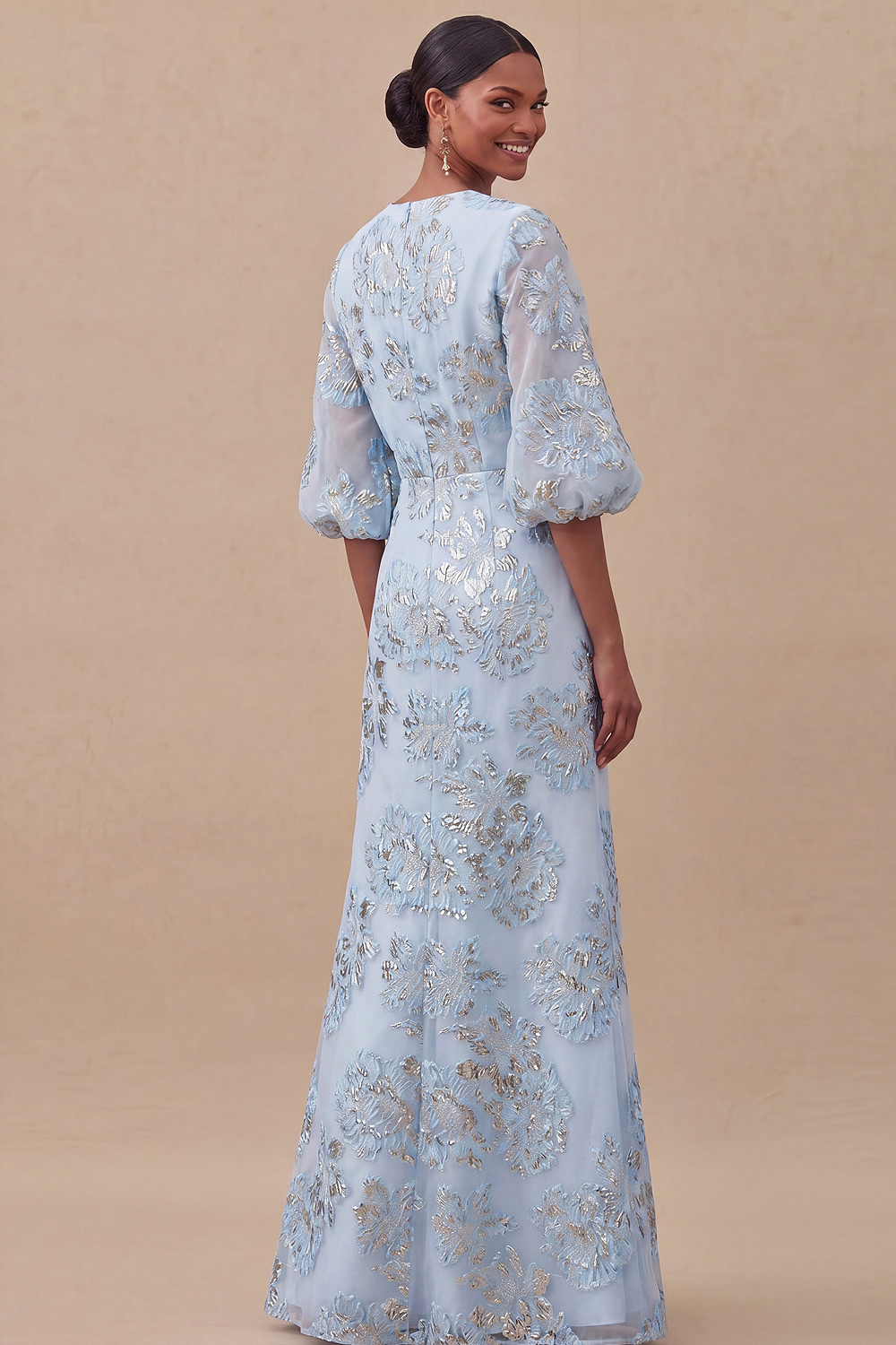 Jacquard Light Blue Mermaid Maxi Wedding Guest Dress with Sleeves