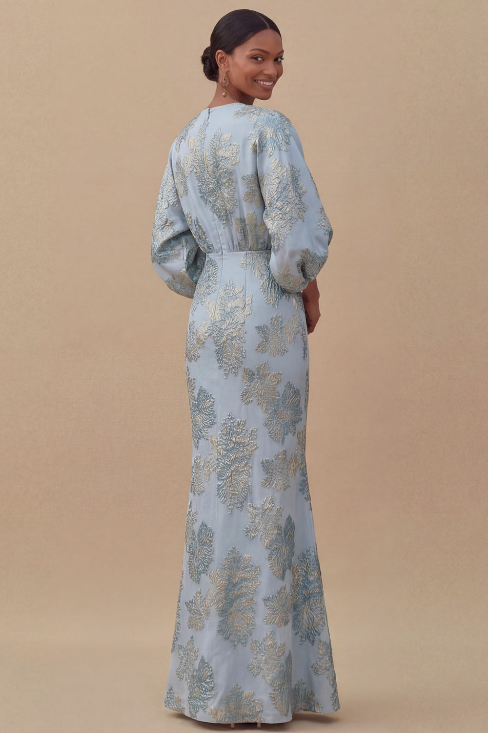 Jacquard Light Blue Mermaid Maxi Wedding Guest Dress with Sleeves