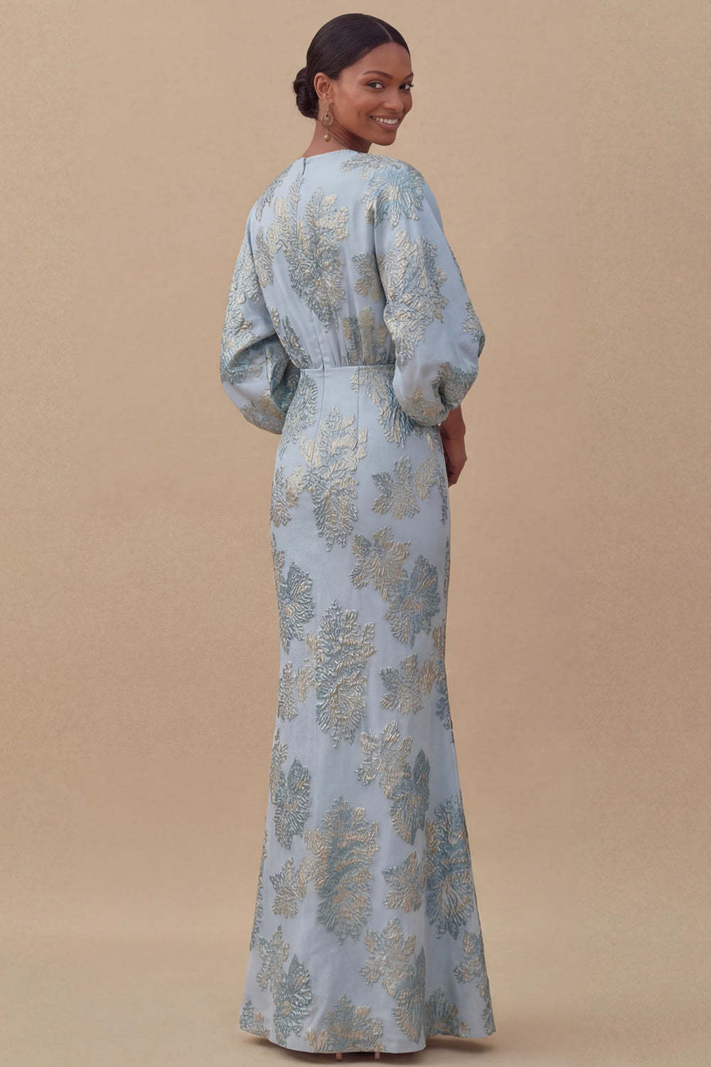 Jacquard Light Blue Mermaid Maxi Wedding Guest Dress with Sleeves