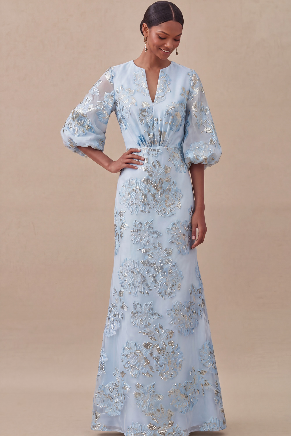 Jacquard Light Blue Mermaid Maxi Wedding Guest Dress with Sleeves