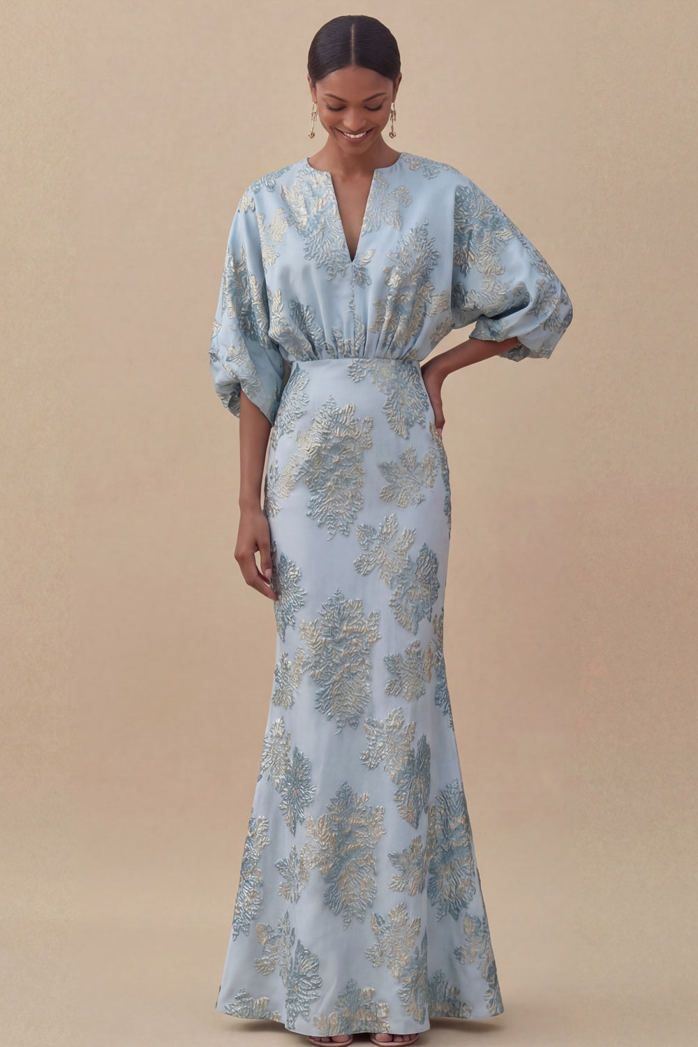 Jacquard Light Blue Mermaid Maxi Wedding Guest Dress with Sleeves