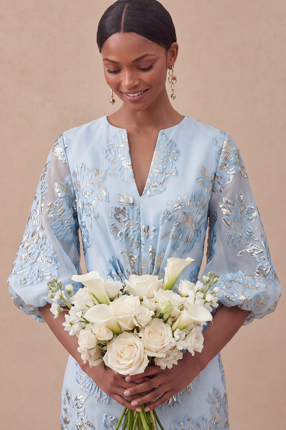 Jacquard Light Blue Mermaid Maxi Wedding Guest Dress with Sleeves