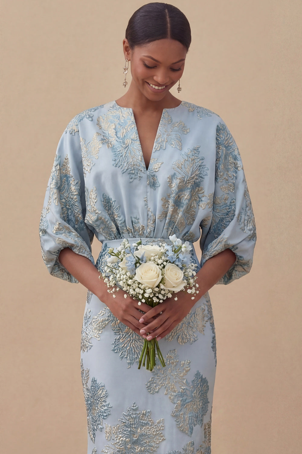 Jacquard Light Blue Mermaid Maxi Wedding Guest Dress with Sleeves