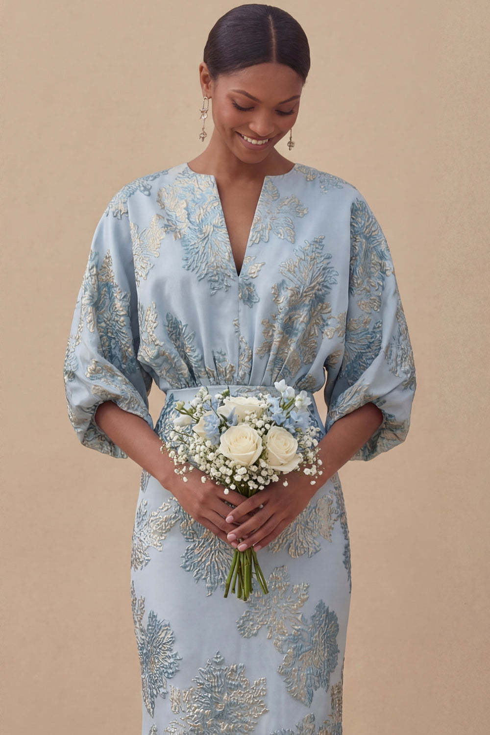 Jacquard Light Blue Mermaid Maxi Wedding Guest Dress with Sleeves