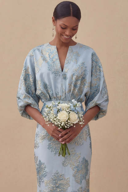 Jacquard Light Blue Mermaid Maxi Wedding Guest Dress with Sleeves