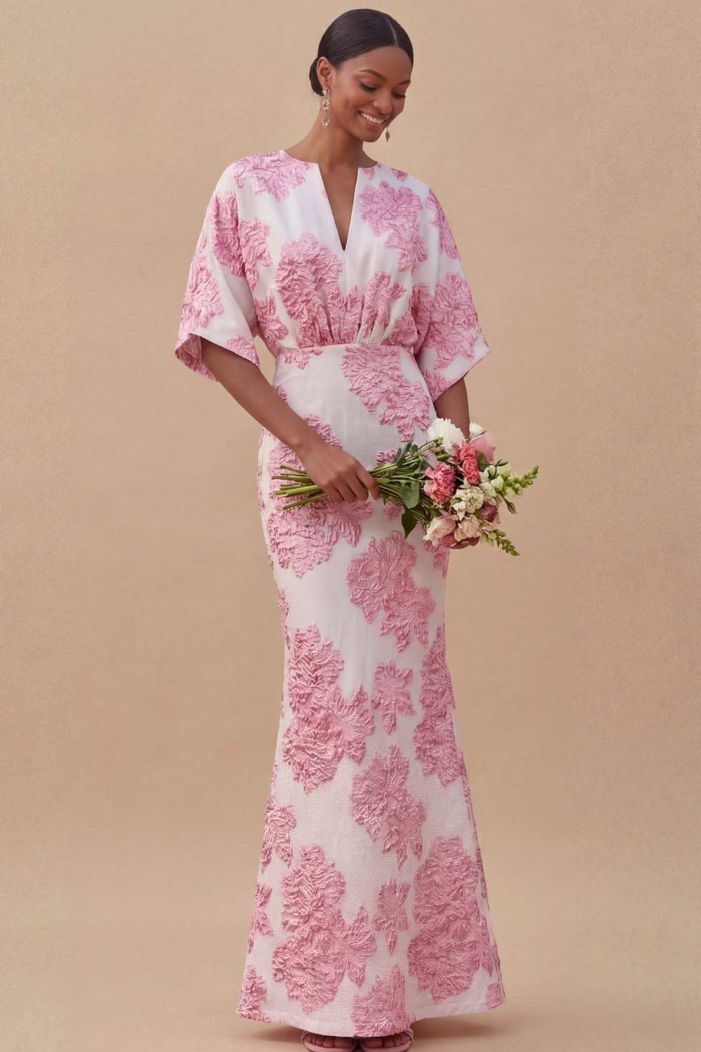 Jacquard Light Blue Mermaid Maxi Wedding Guest Dress with Sleeves