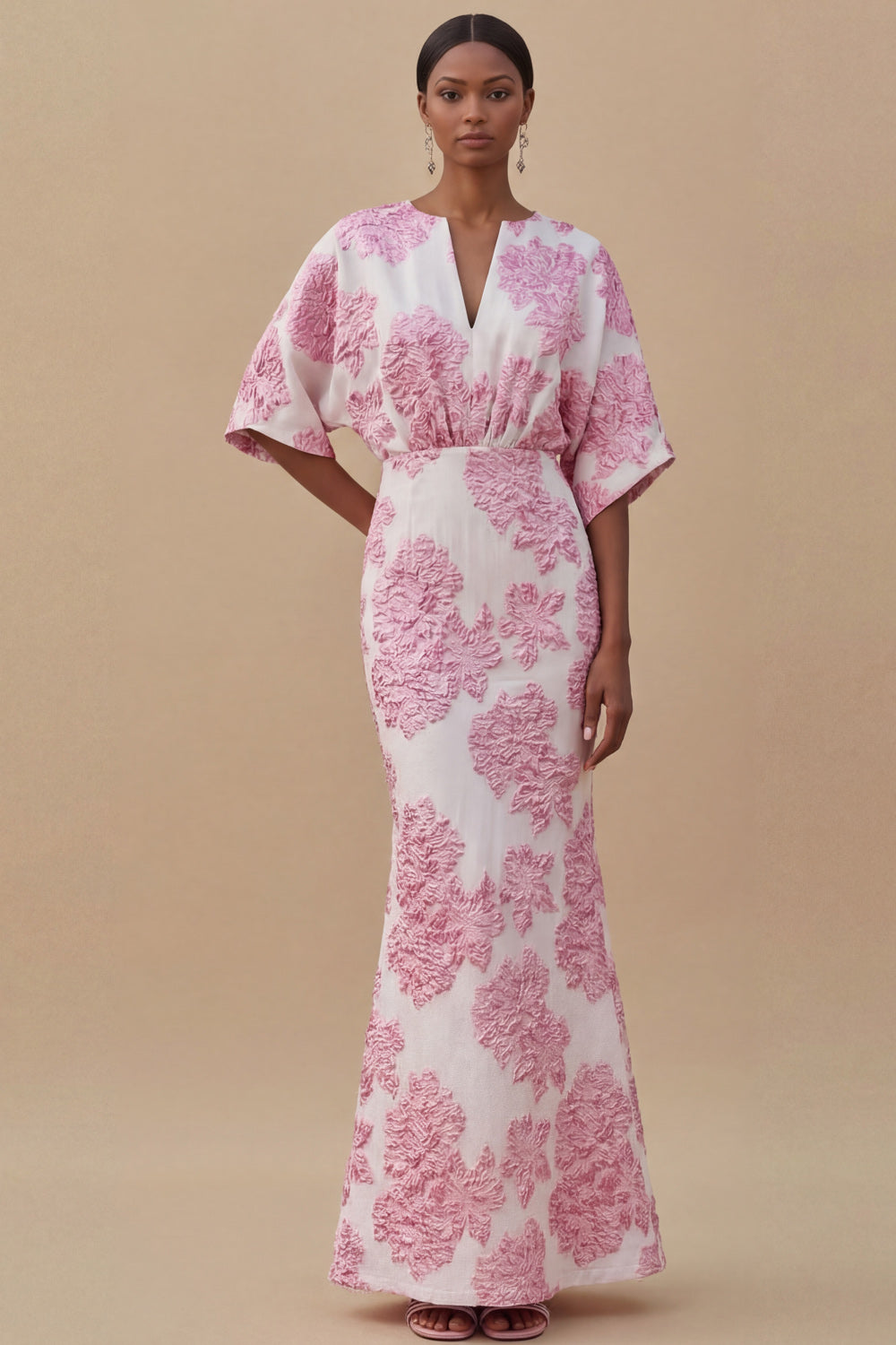 Jacquard Light Blue Mermaid Maxi Wedding Guest Dress with Sleeves