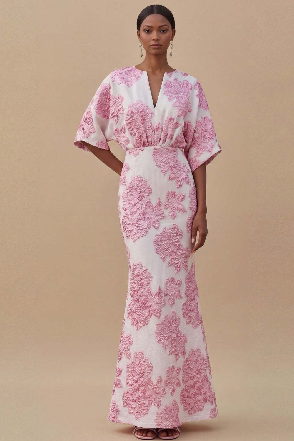 Jacquard Light Blue Mermaid Maxi Wedding Guest Dress with Sleeves