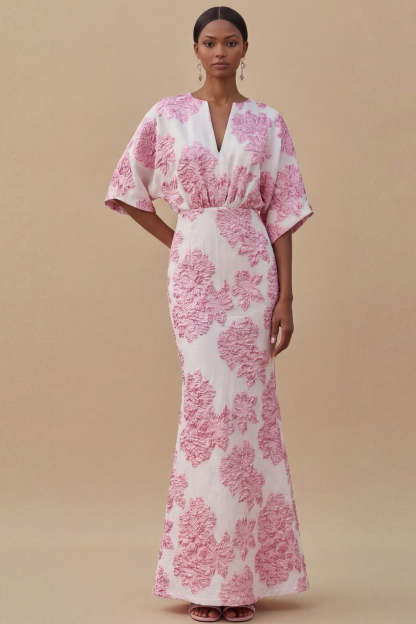 Jacquard Light Blue Mermaid Maxi Wedding Guest Dress with Sleeves