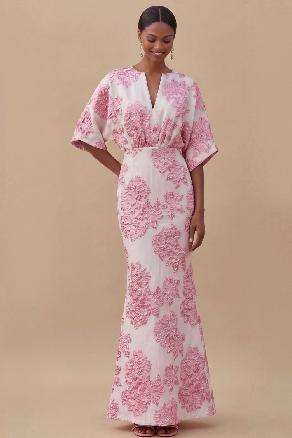 Jacquard Light Blue Mermaid Maxi Wedding Guest Dress with Sleeves