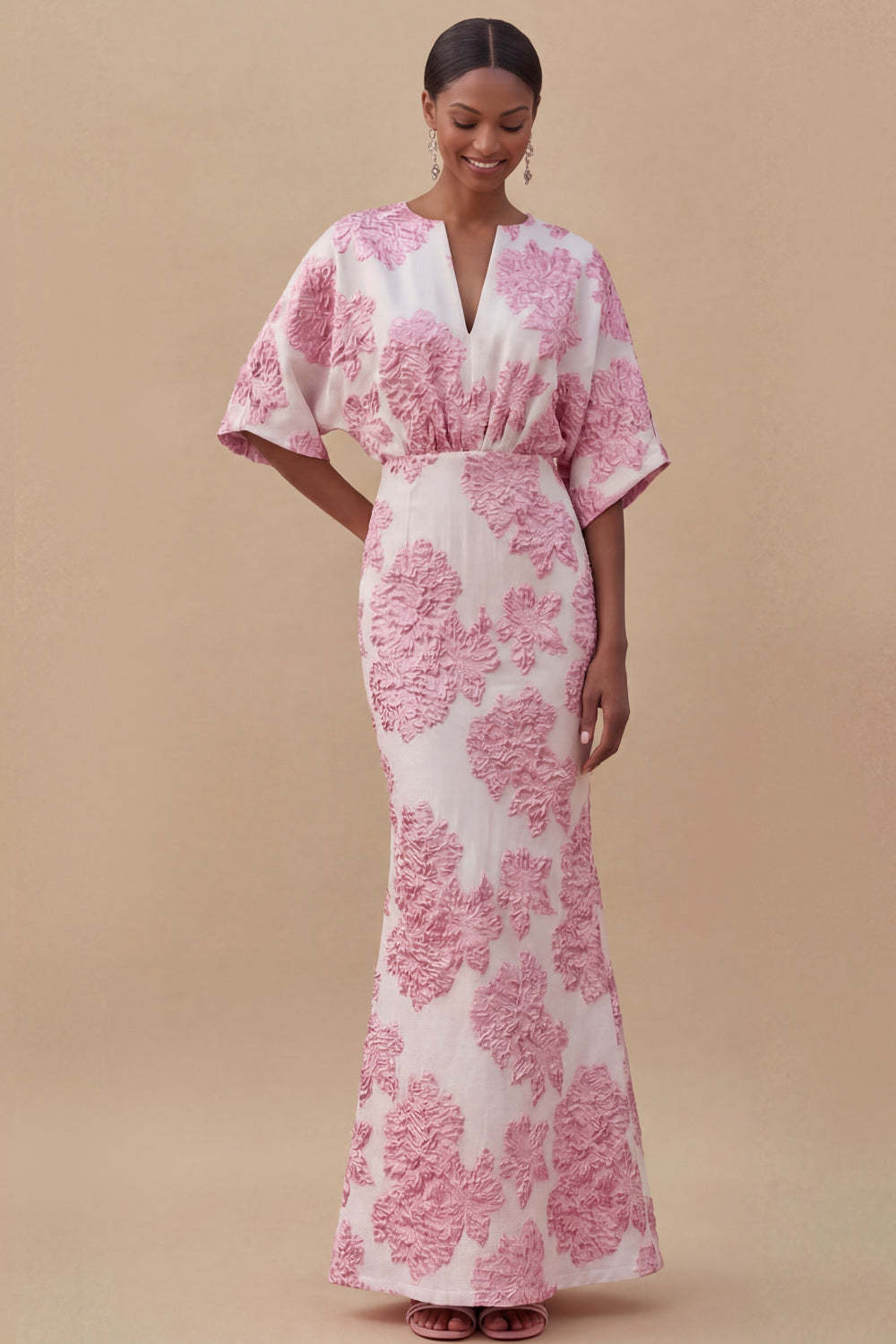 Jacquard Light Blue Mermaid Maxi Wedding Guest Dress with Sleeves