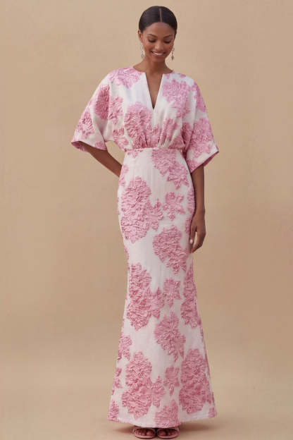 Jacquard Light Blue Mermaid Maxi Wedding Guest Dress with Sleeves