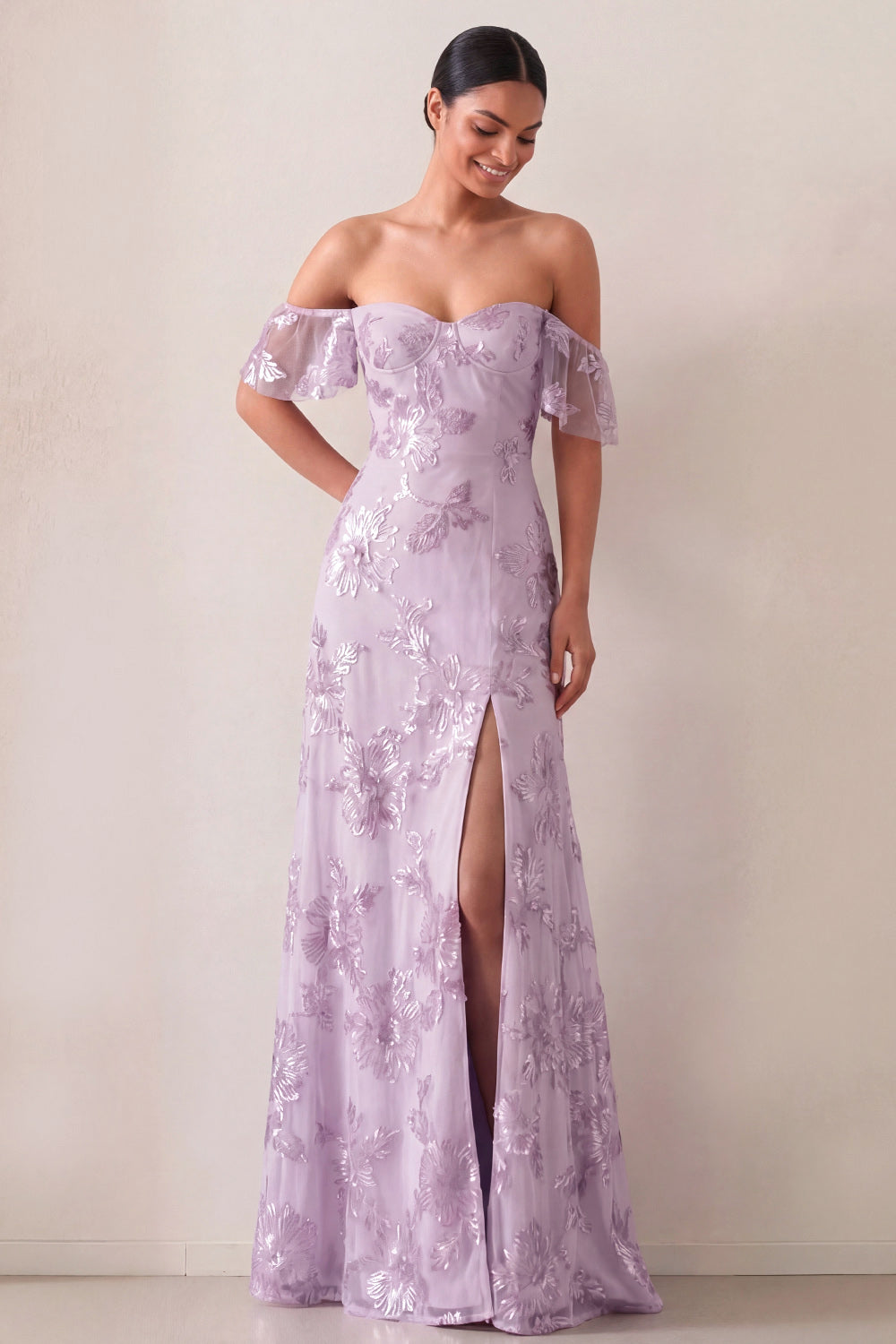 Leely Women Floral Off the Shoulder Lilac Long Wedding Guest Dress with Slit Appliqued Backless Sleeveless Formal Dress