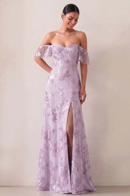 Leely Women Floral Off the Shoulder Lilac Long Wedding Guest Dress with Slit Appliqued Backless Sleeveless Formal Dress