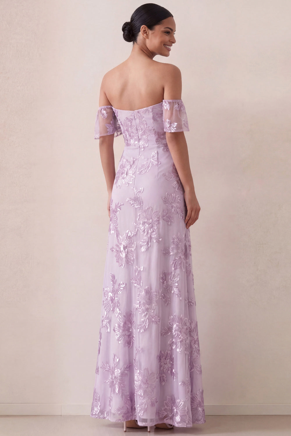 Floral Off the Shoulder Lilac Appliqued Long Wedding Guest Dress