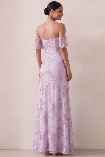 Floral Off the Shoulder Lilac Appliqued Long Wedding Guest Dress