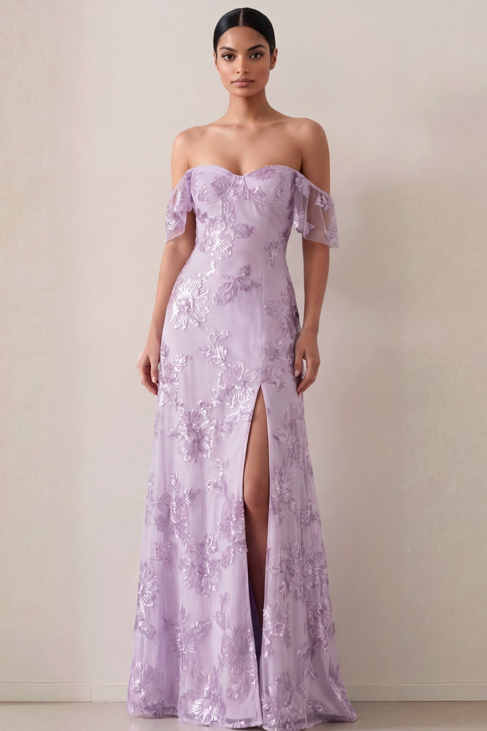Floral Off the Shoulder Lilac Appliqued Long Wedding Guest Dress