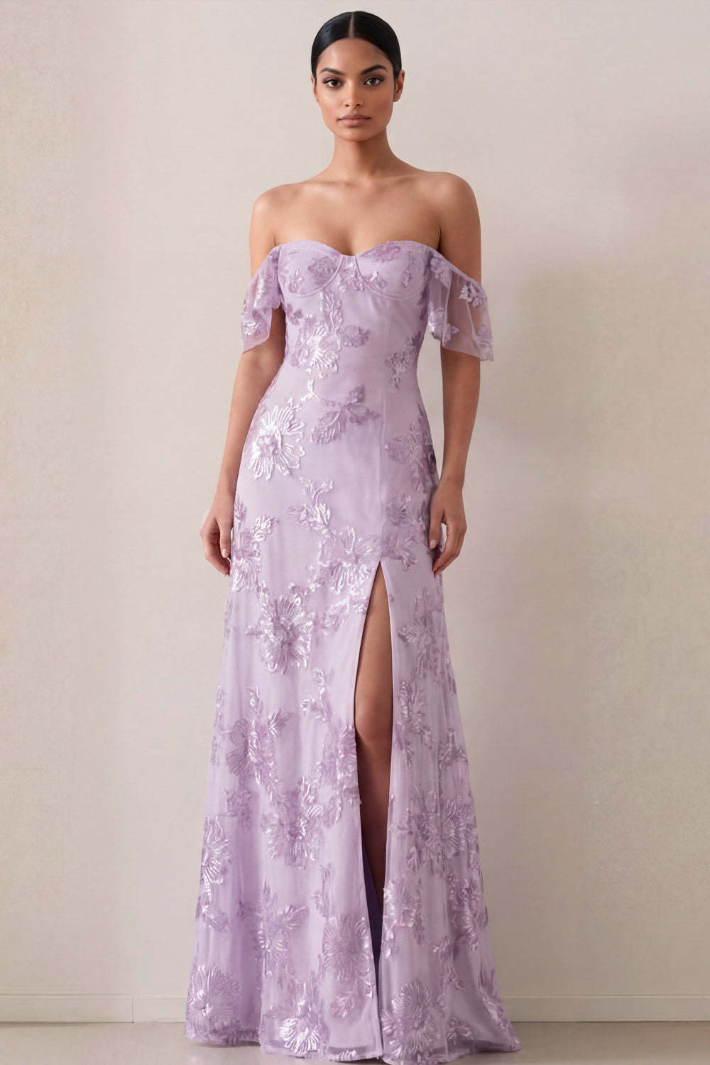 Floral Off the Shoulder Lilac Appliqued Long Wedding Guest Dress