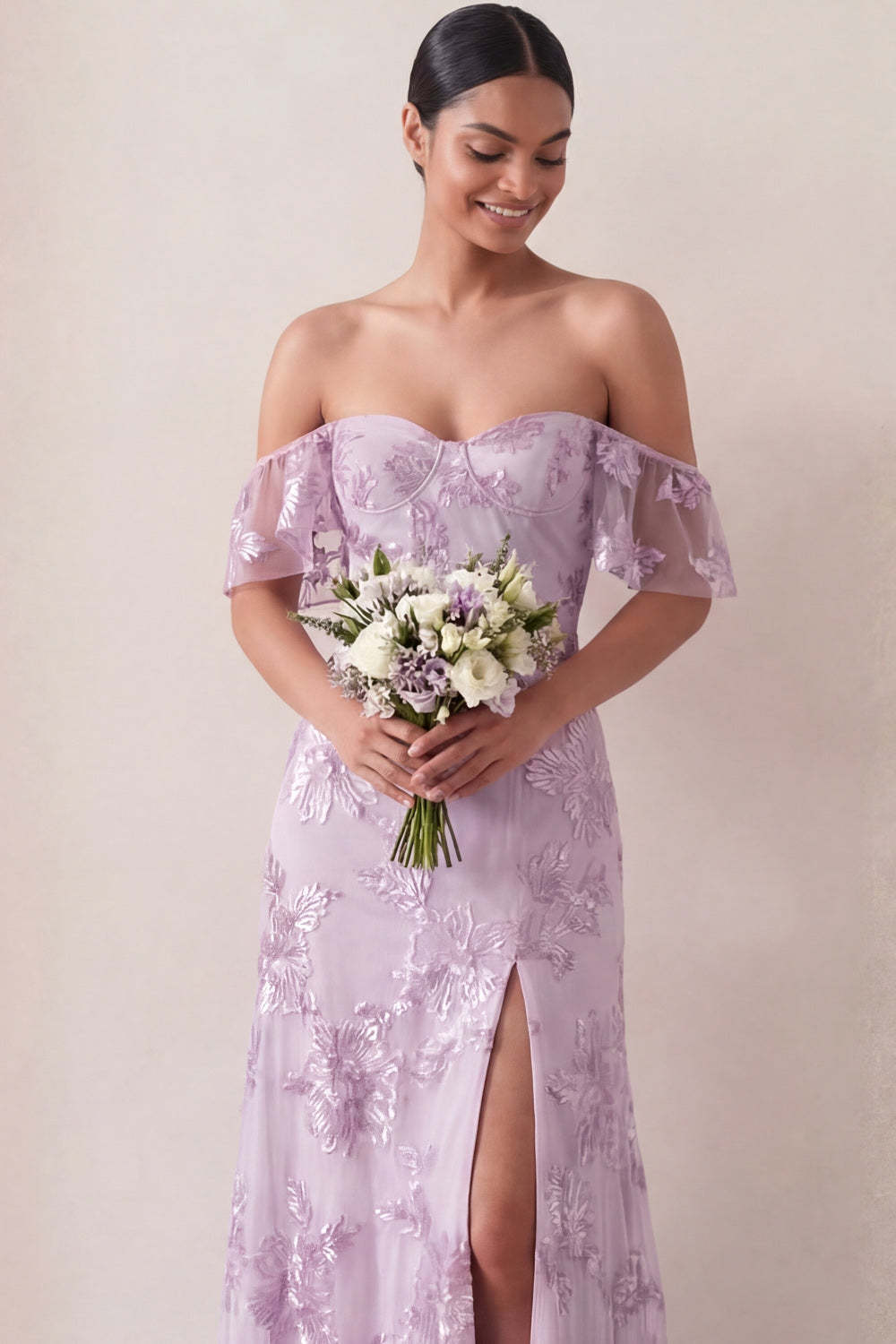 Floral Off the Shoulder Lilac Appliqued Long Wedding Guest Dress