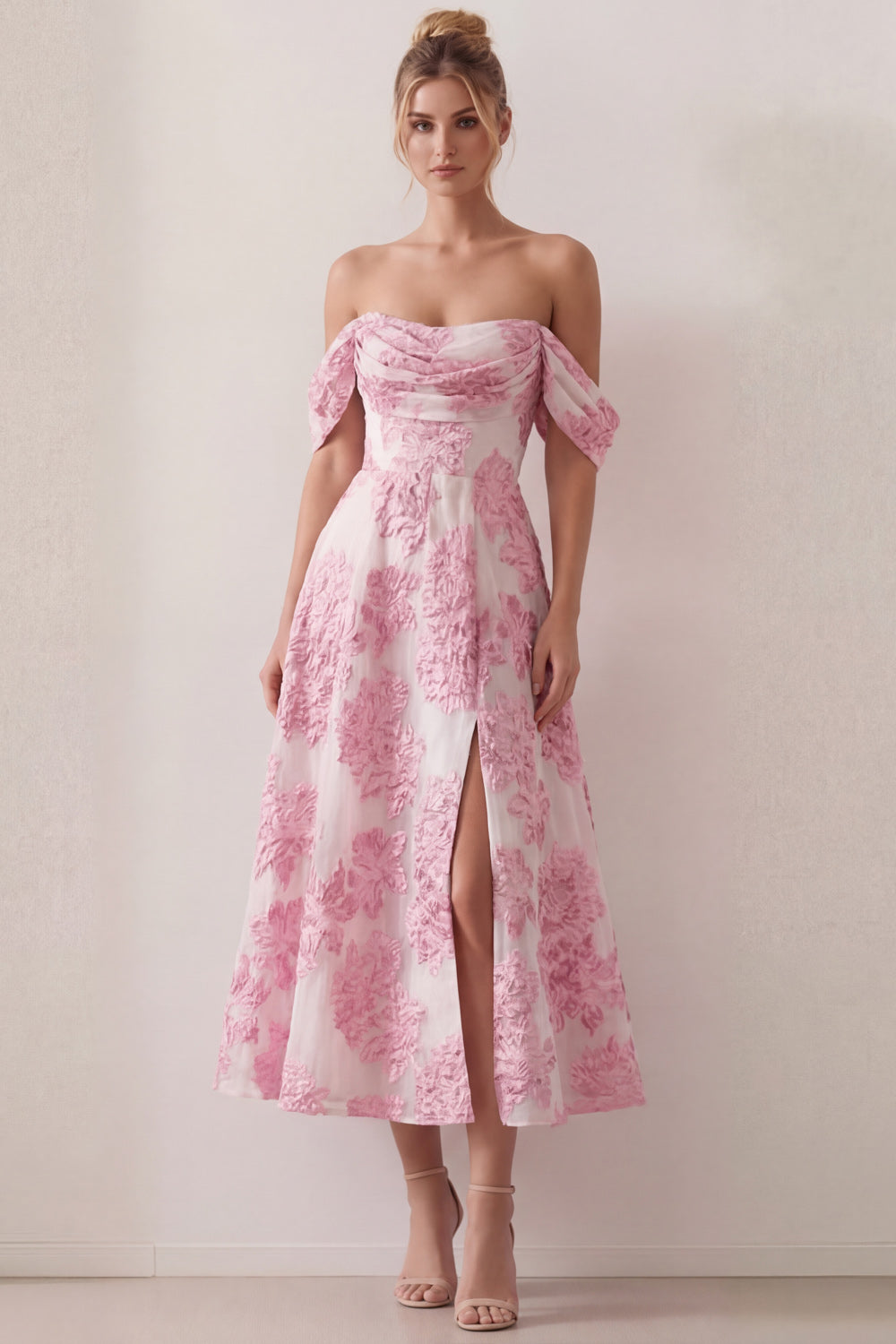 Light Pink Floral Off the Shoulder Jacquard A Line Midi Beach Wedding Guest Dress with Slit