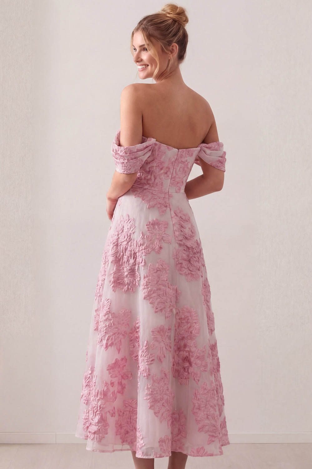 Light Pink Floral Off the Shoulder Jacquard A Line Midi Beach Wedding Guest Dress with Slit