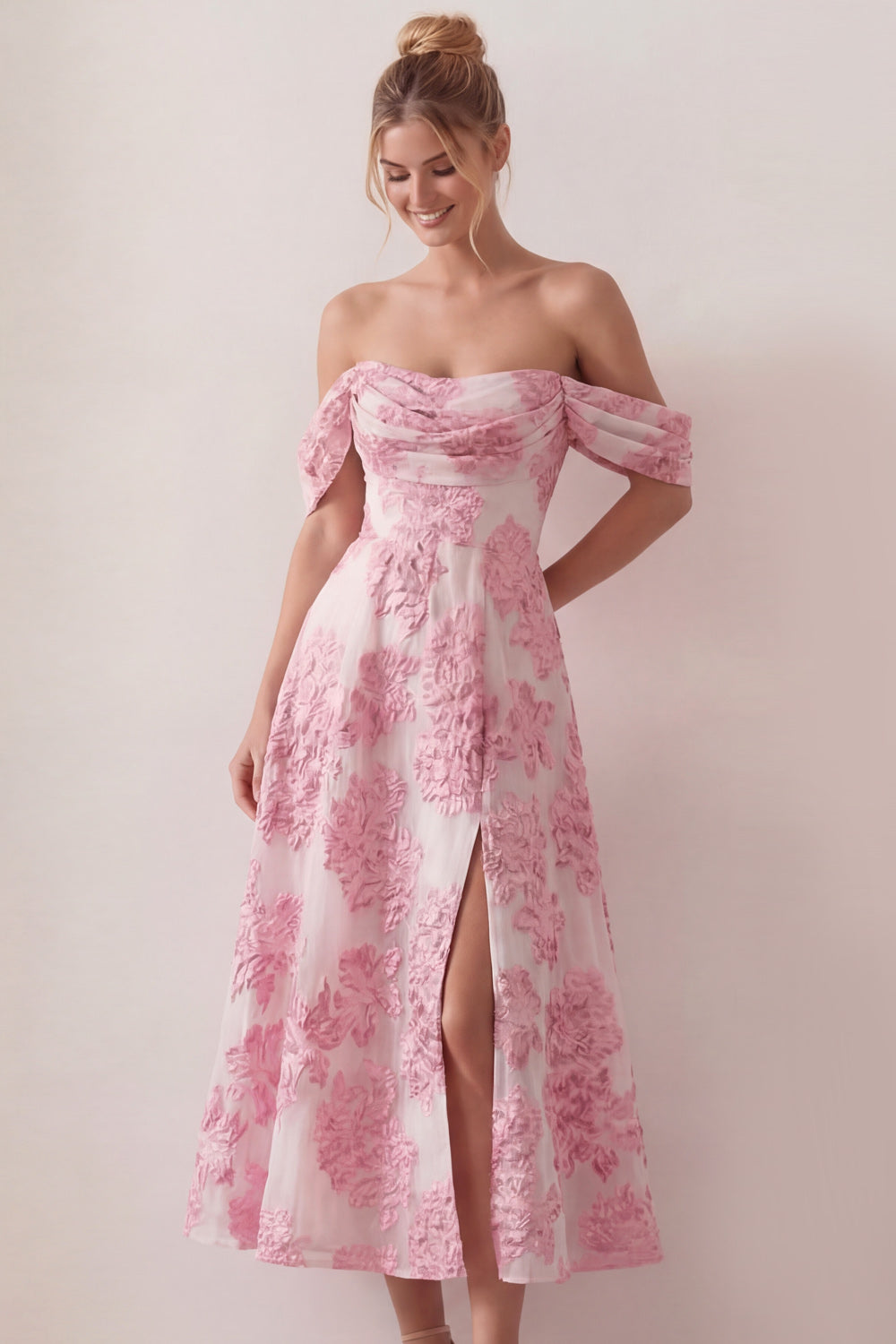 Light Pink Floral Off the Shoulder Jacquard A Line Midi Beach Wedding Guest Dress with Slit