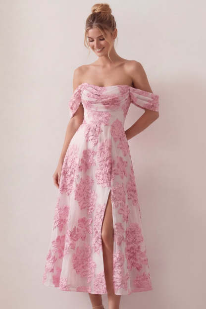 Leely Women Light Pink Floral Off the Shoulder Midi Beach Wedding Guest Dress with Slit Jacquard A Line Backless Garden Party Dress