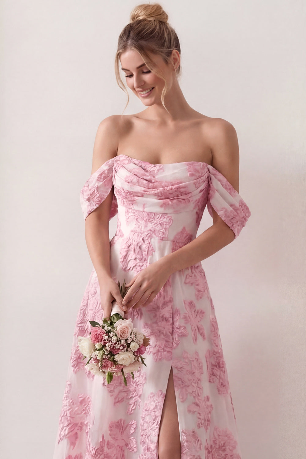 Light Pink Floral Off the Shoulder Jacquard A Line Midi Beach Wedding Guest Dress with Slit