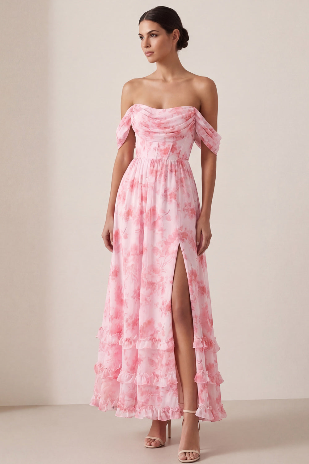 Leely Women Floral A Line Ruffled Long Beach Wedding Guest Dress with Slit Off the Shoulder Backless Garden Party Dress