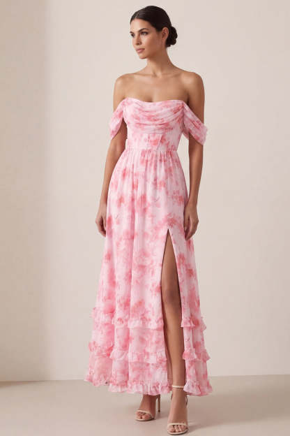 Leely Women Floral A Line Ruffled Long Beach Wedding Guest Dress with Slit Off the Shoulder Backless Garden Party Dress