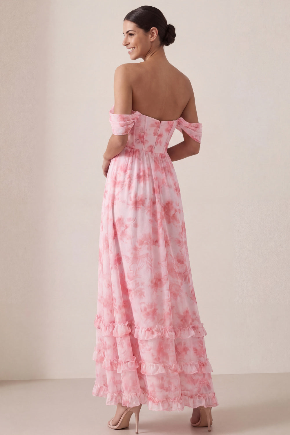 Floral A Line Off the Shoulder Ruffled Long Beach Wedding Guest Dress with Slit
