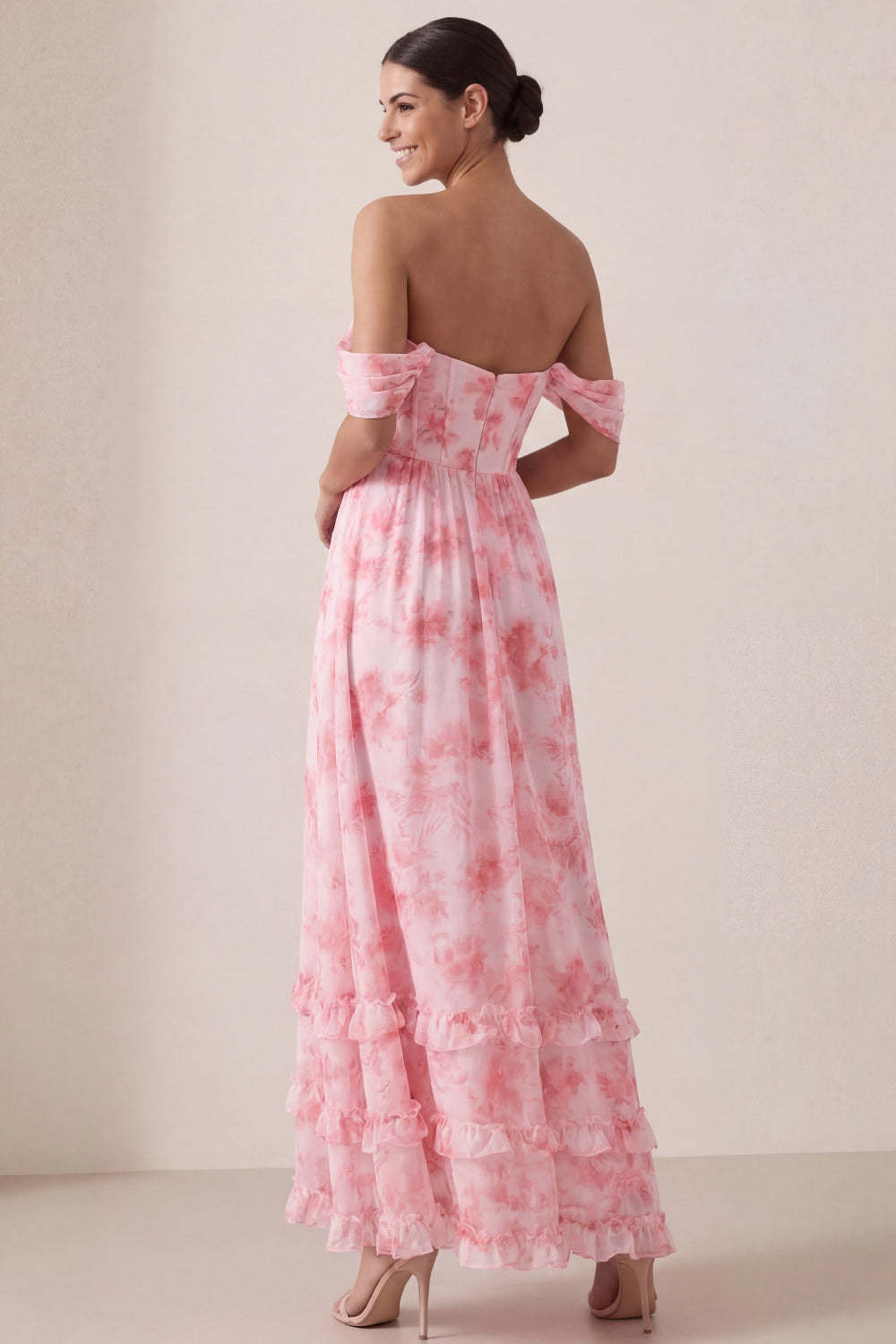 Floral A Line Off the Shoulder Ruffled Long Beach Wedding Guest Dress with Slit