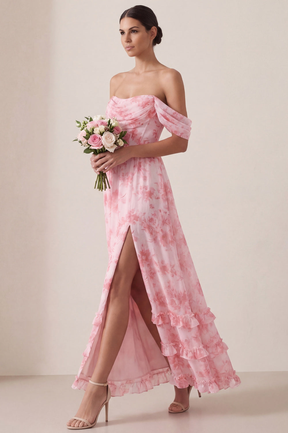 Floral A Line Off the Shoulder Ruffled Long Beach Wedding Guest Dress with Slit