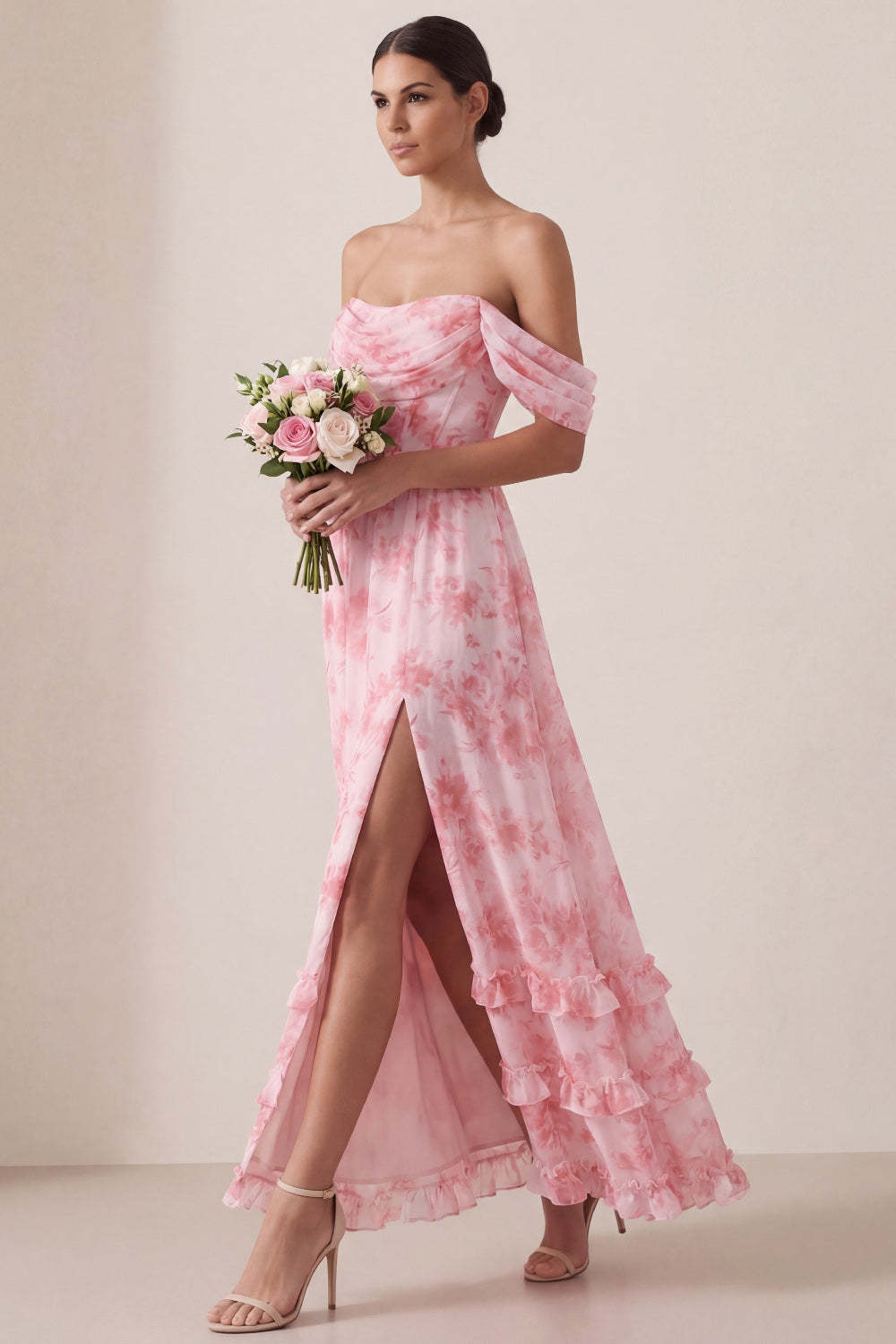 Floral A Line Off the Shoulder Ruffled Long Beach Wedding Guest Dress with Slit