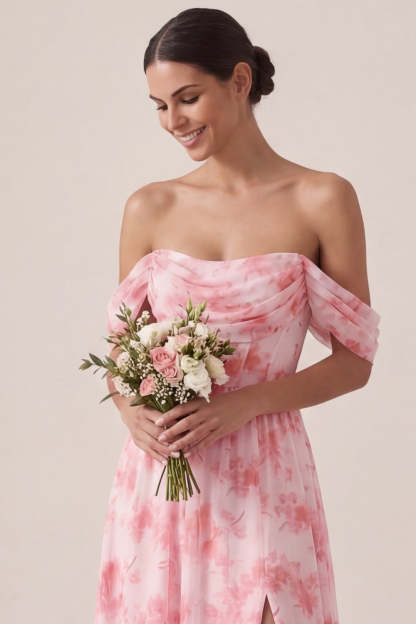 Floral A Line Off the Shoulder Ruffled Long Beach Wedding Guest Dress with Slit
